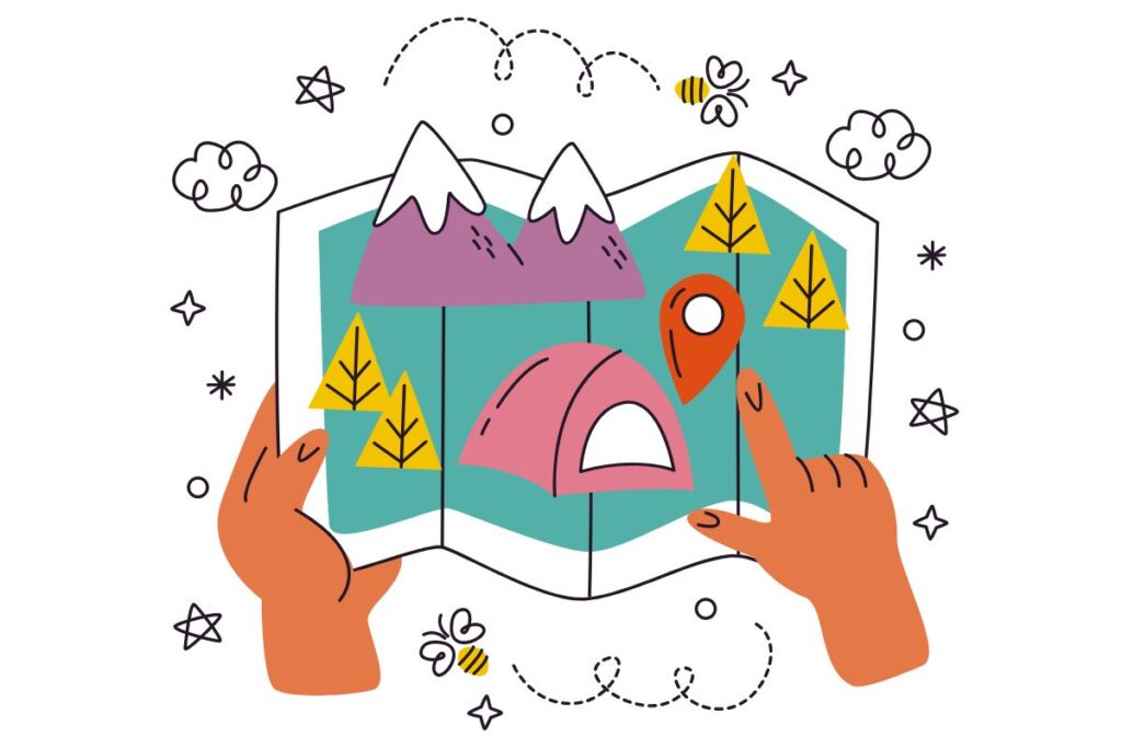 dibujo de unas manos sosteniendo un mapa con montañas y una tienda de campaña